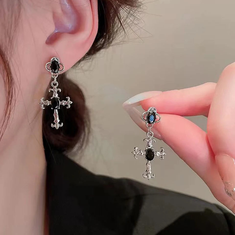 Black Crystal Cross Earrings