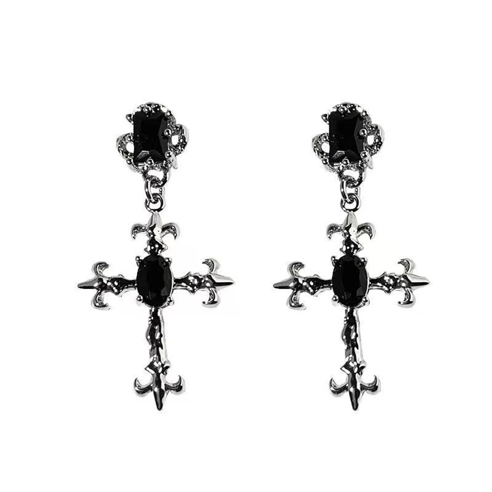 Black Crystal Cross Earrings