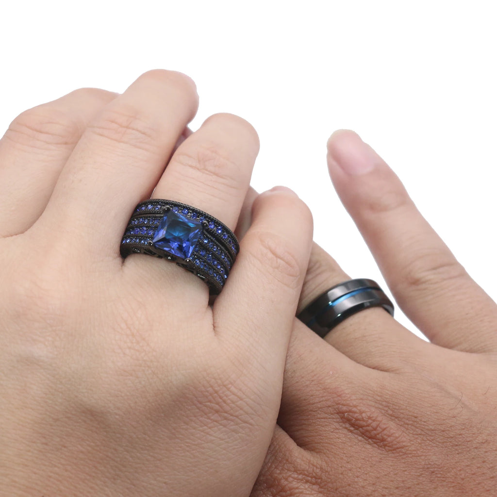Black & Blue Couple Ring Set