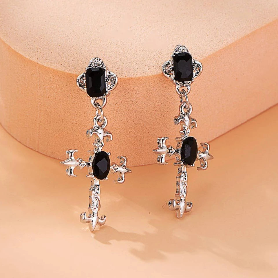 Black Crystal Cross Earrings