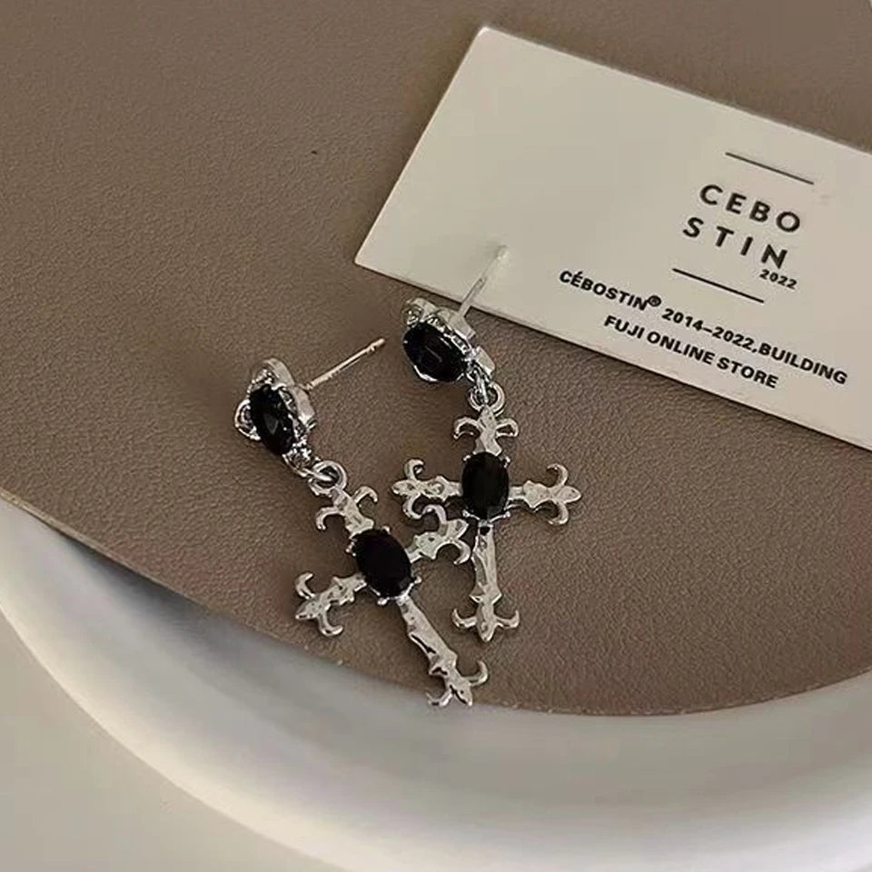 Black Crystal Cross Earrings