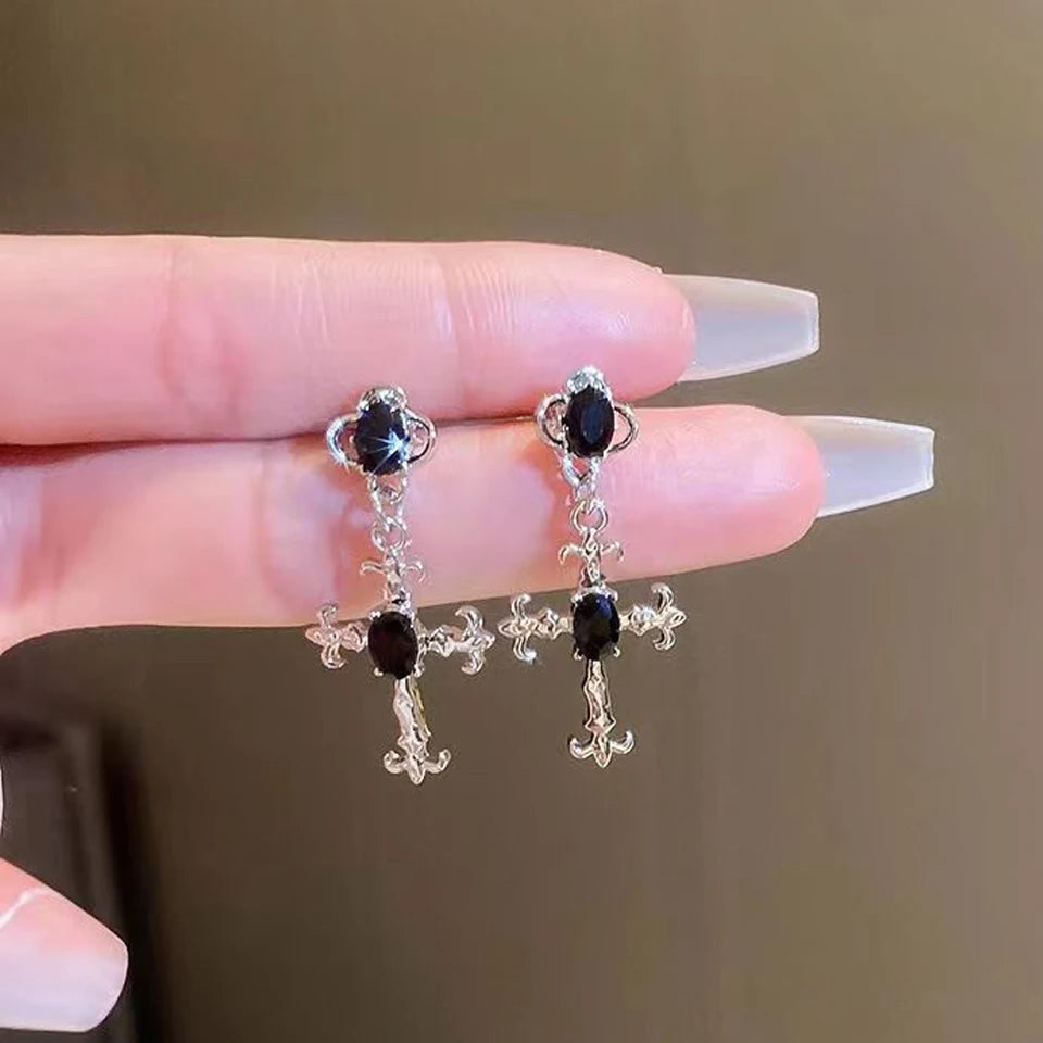 Black Crystal Cross Earrings