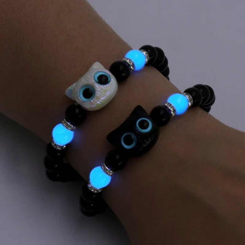 Glow-in-the-Dark Cat Beaded Bracelet Set