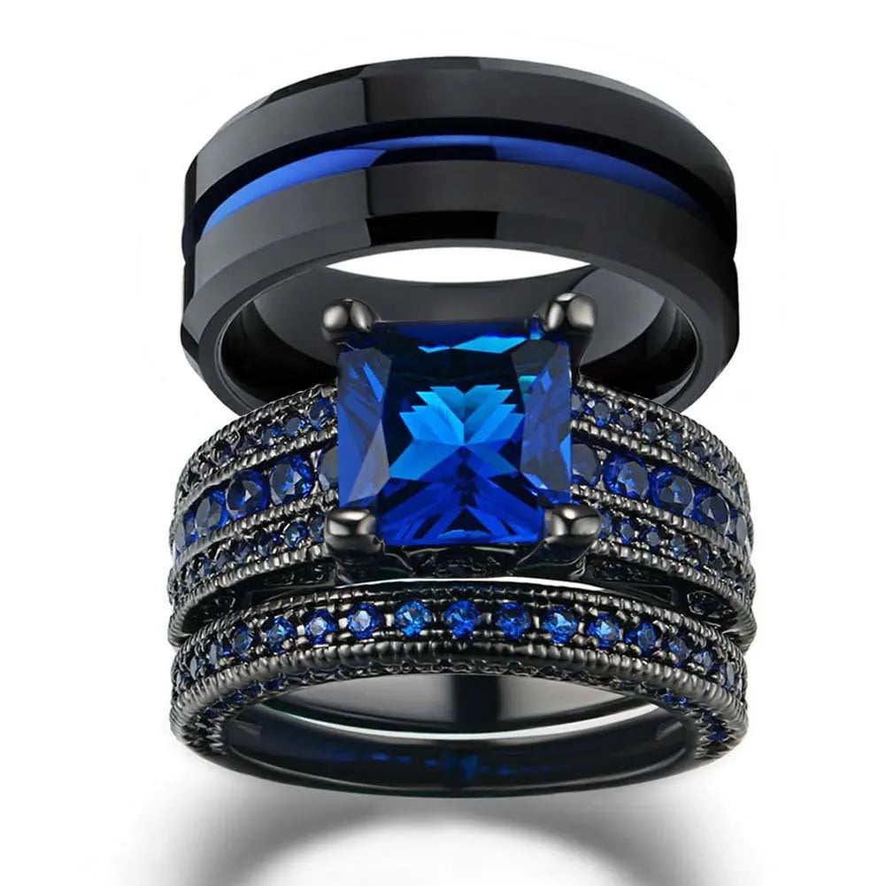 Black & Blue Couple Ring Set
