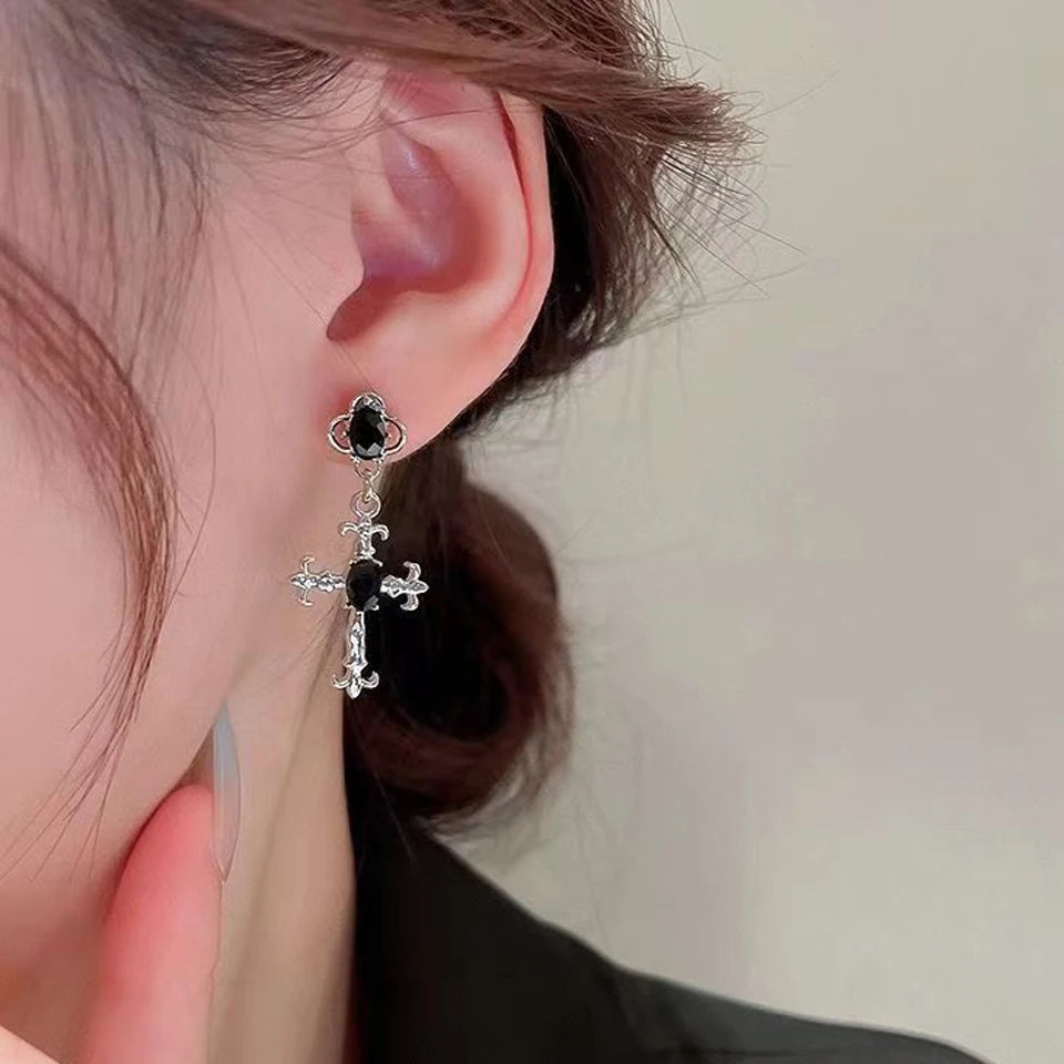 Black Crystal Cross Earrings